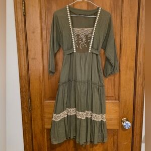 Hazel Olive Green Long Sleeve Dress with Lace Details Size M